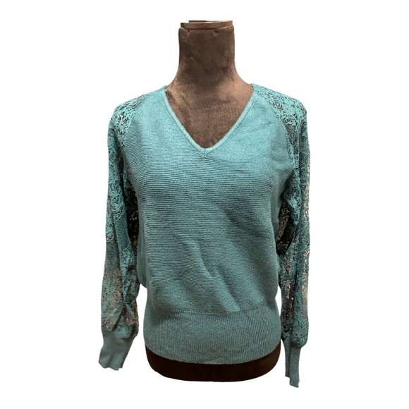 Teal v neck lace long sleeve, knitted top - size S NWT - Picture 3 of 6